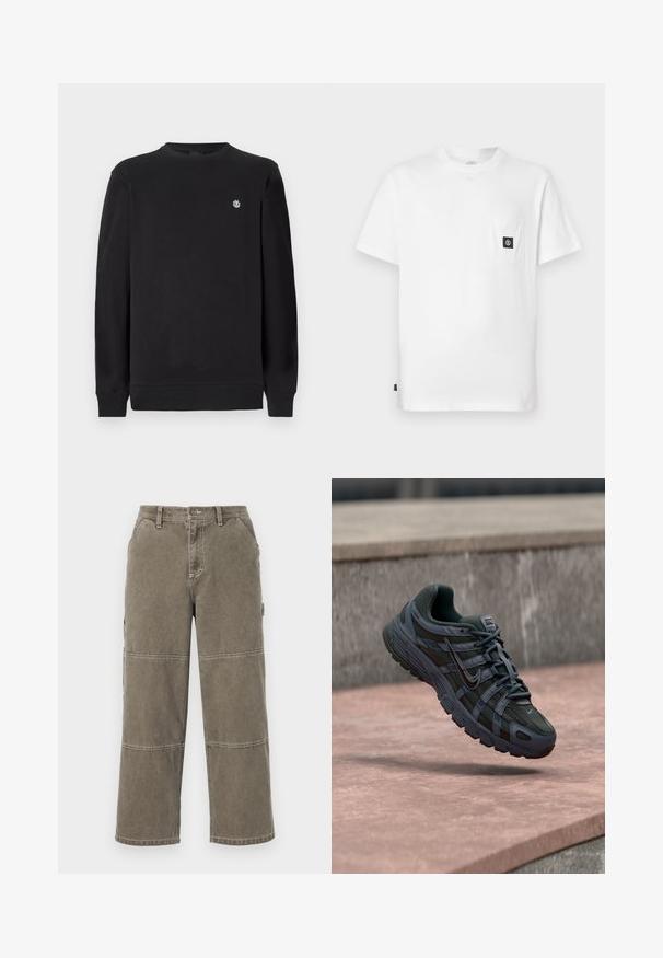 Zwarte longsleeve sweatshirt met ronde hals en lange mouwen, voorzien van een klein wit rond logo op de linkerborst, ribgebreide boorden en onderrand.; Witte katoenen T-shirt met een ronde hals, korte mouwen en een borstzakje met een zwarte logo-patch. Gladde textuur, losse pasvorm.; Katoenen cargobroek in gedempt olijfgroen met brede pijpen, dubbele stiksels, en zijzakken, voorzien van een knoopsluiting en riemlussen.; Donkergrijze Nike hardloopschoen met mesh en synthetisch ontwerp, zwevend boven een roze betonoppervlak met een grijze stenen achtergrond.
