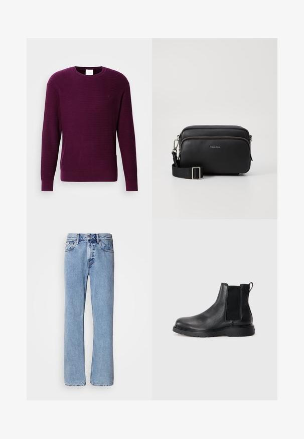 Pull en tricot violet avec un col rond, des manches longues et des poignets côtelés. Le tissu texturé présente un motif subtil et un petit logo.; Jean en denim bleu clair avec une coupe droite, cinq poches et une fermeture à bouton. Détails de couture près des poches et de la taille.; Bottes Chelsea en cuir noir avec une finition texturée, des panneaux latéraux élastiques et une semelle en caoutchouc robuste. Branding subtil sur le talon.; Sac en cuir noir à bandoulière avec deux compartiments zippés, finition texturée, sangle ajustable et accents en métal argenté. Logo Calvin Klein affiché.