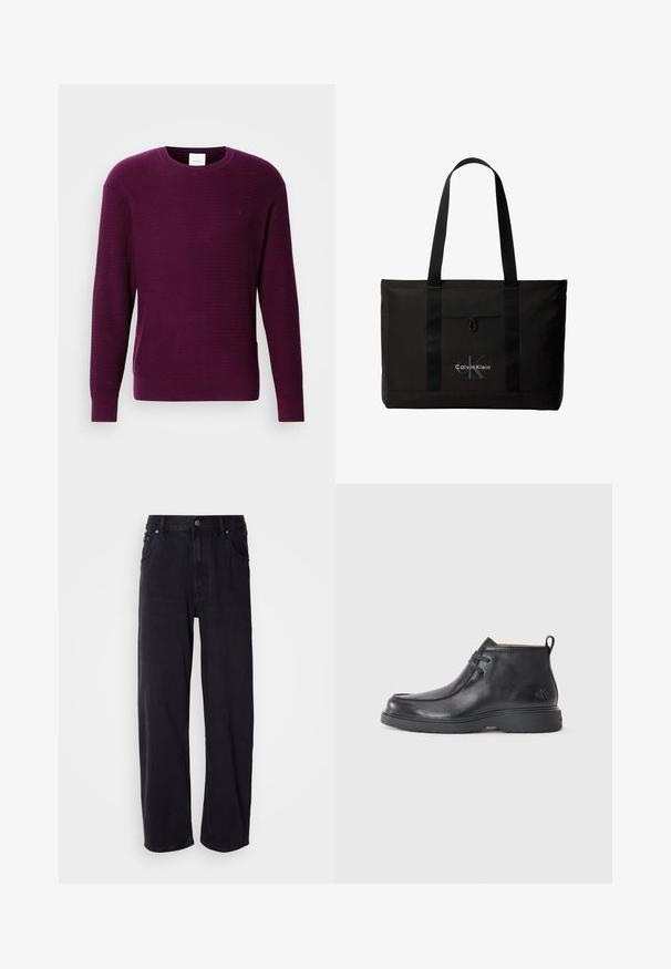 Pull en tricot violet avec un col rond, des manches longues et des poignets côtelés. Le tissu texturé présente un motif subtil et un petit logo.; Jean en denim noir à coupe ample, avec une taille haute, cinq poches et des boutons en métal. Le tissu présente une texture mate.; Bottes noires en cuir à talon arrondi, avec un design à lacets et une languette à l'arrière. Tige texturée et semelle en caoutchouc.; Sac cabas noir Calvin Klein avec deux longues poignées et une poche avant, avec le logo de la marque en blanc et gris.