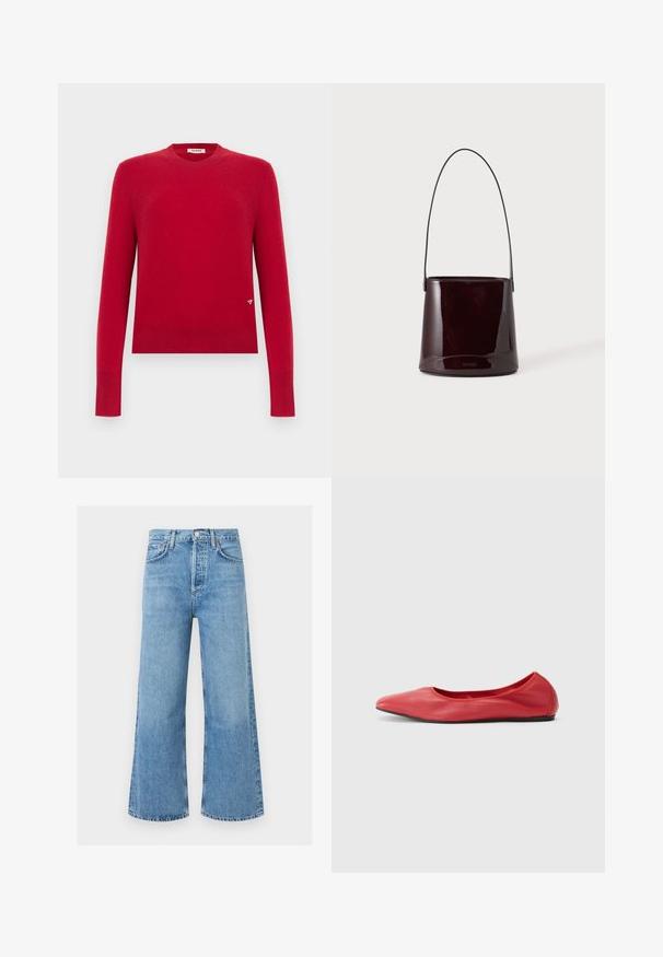 Pull rouge à manches longues avec col rond, bordures côtelées aux poignets et à l'ourlet, doté d'un petit logo triangulaire près du bas sur le côté droit.; Jean en denim bleu clair taille haute à jambes larges avec bouton devant et poches, présenté sur un fond blanc uni.; Filippa K REY FLATS - Ballerines - bright red; Sac seau brun foncé brillant avec une longue sangle fine et des coutures visibles minimales sur un fond clair.