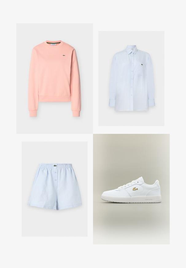 Sweatshirt rose clair à manches longues et col rond avec poignets et ourlet côtelés, arborant un petit logo crocodile vert Lacoste sur la poitrine.; Chemise bleu clair à manches longues avec boutons, poche poitrine et petit logo crocodile vert sur la poche.; Boxer homme bleu clair avec ceinture élastique, fermeture avant à boutons et petit logo crocodile vert au centre.; Baskets en cuir blanc avec un design basse, bout arrondi, fermeture à lacets et un accent du logo doré Lacoste sur le côté.