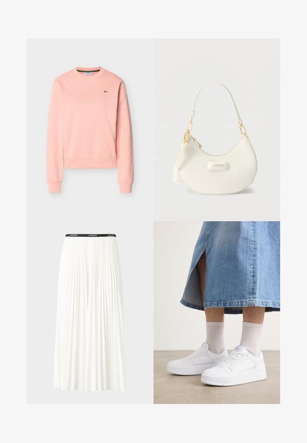 Sweatshirt rose clair à manches longues et col rond avec poignets et ourlet côtelés, arborant un petit logo crocodile vert Lacoste sur la poitrine.; Jupe plissée blanche avec une taille élastique noire portant le logo "LACOSTE". Design mi-long avec une texture douce.; Baskets blanches en cuir texturé, avec une semelle épaisse, un bout rond et un système de laçage ; associées à des chaussettes unisexe gris clair et à une jupe en denim.; Sac d'épaule blanc en forme de croissant avec des pièces métalliques dorées, fermeture éclair, et logo "LACOSTE" sur le panneau avant.