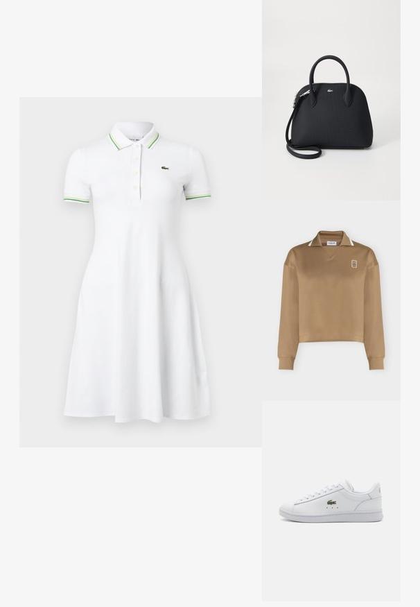Polo beige à manches longues avec poignets côtelés, bordure de col blanche et petit logo brodé sur la poitrine gauche.; Robe polo blanche à manches courtes avec col et poignets rayés verts, patte de boutonnage et petit logo crocodile vert sur la poitrine.; Baskets blanches en cuir avec un bout rond, lacées à l'avant, logo crocodile vert et subtils points noirs ; semelle plate en caoutchouc ; design minimaliste.; Sac à main noir en matériau texturé, doté de deux poignées supérieures et d'une bandoulière amovible, avec un accent logo en argent.