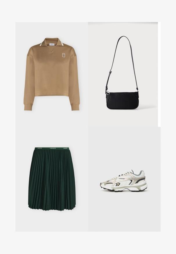 Polo beige à manches longues avec poignets côtelés, bordure de col blanche et petit logo brodé sur la poitrine gauche.; Jupe plissée vert foncé avec une ceinture élastique comportant des logos blancs Lacoste, présentée sur un fond clair uni.; Baskets volumineuses en blanc, gris et argent métallique avec des panneaux texturés. Comprend une épaisse semelle en caoutchouc noir et un design d'overlay distinctif.; Sac d'épaule rectangulaire noir avec une fine bandoulière réglable, une tirette de fermeture éclair argentée et un petit logo brodé au centre devant.