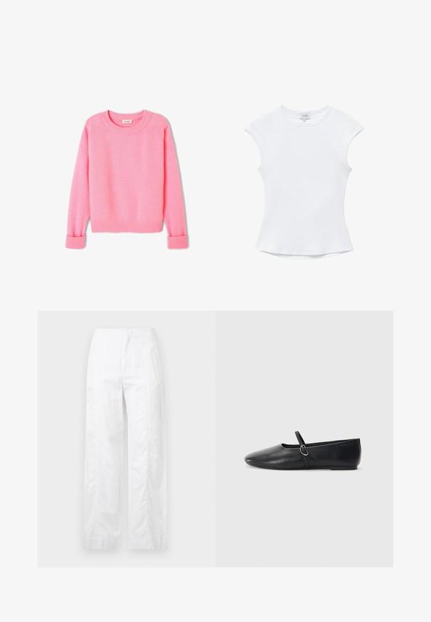 Pull rose, doux, avec un col arrondi, des poignets et un ourlet côtelés. La texture semble duveteuse, et le design est simple et classique.; Top blanc en coton côtelé à manches courtes, col rond et taille légèrement évasée, posé à plat sur un fond blanc.; Pantalons larges blancs en tissu léger, présentant une texture lisse, des lignes épurées et une taille haute.; Ballerines noires en cuir avec un bout pointu, une semelle plate et une petite sangle avec un détail de boucle en argent.