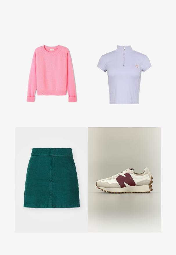 Pull rose, doux, avec un col arrondi, des poignets et un ourlet côtelés. La texture semble duveteuse, et le design est simple et classique.; Haut court à manches courtes violet clair avec un col montant, une fermeture éclair argentée sur le devant et un petit patch logo sur la poitrine gauche.; Mini-jupe en velours côtelé vert avec une coupe droite, dotée d'une taille haute et d'une texture à côtes verticales, terminée par des bords d'ourlet nets.; Baskets blanches et beiges avec logo "N" bordeaux, devant à lacets et semelle marron texturée, présentées sur un fond neutre uni.