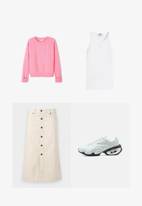 Pull rose, doux, avec un col arrondi, des poignets et un ourlet côtelés. La texture semble duveteuse, et le design est simple et classique.; Débardeur blanc côtelé sans manches avec col rond et petit logo Tommy Hilfiger près de l'ourlet et à l'intérieur du col.; Jupe en jean beige longueur genou avec boutons noirs à l'avant, passants pour ceinture et poches latérales sur un fond blanc uni.; Basket Nike blanche et gris clair avec tige texturée, semelle noire et amorti à air visible au talon, présentée de profil.