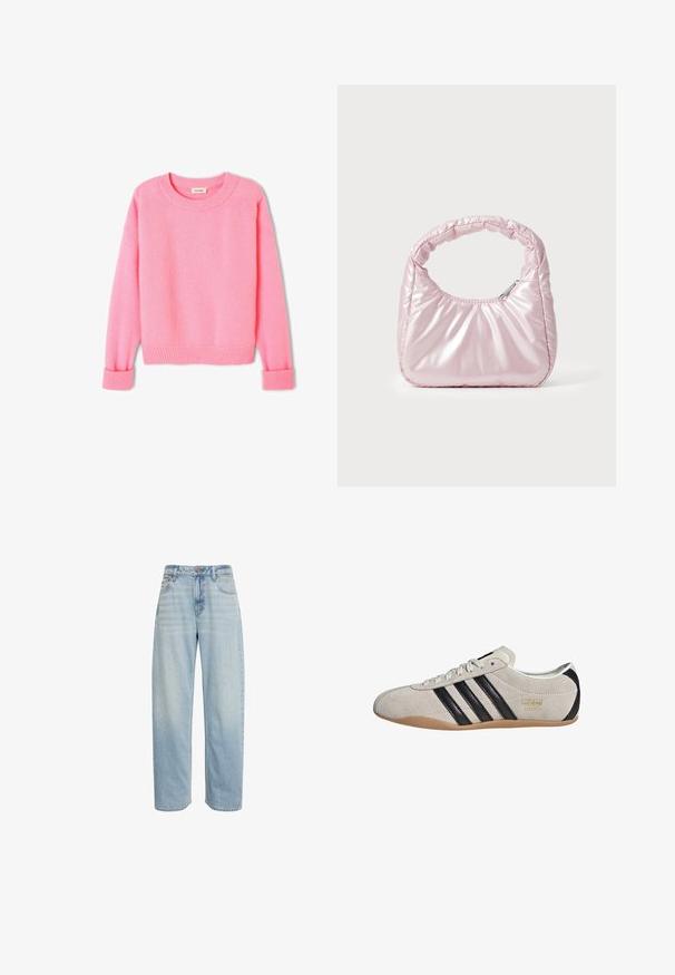 Pull rose, doux, avec un col arrondi, des poignets et un ourlet côtelés. La texture semble duveteuse, et le design est simple et classique.; Jean bleu clair taille haute, coupe droite, avec cinq poches et fermeture par bouton, présenté sur fond blanc.; Sneakers en suède avec un dessus gris, des rayures noires et une semelle en caoutchouc couleur gomme. Dotées d'un système de laçage et d'un détail logo doré sur le côté.; Sac à main rose rembourré avec un design arrondi, fabriqué à partir d'un matériau brillant. Dispose d'une poignée froncée et d'une fermeture éclair pour un accès sécurisé.