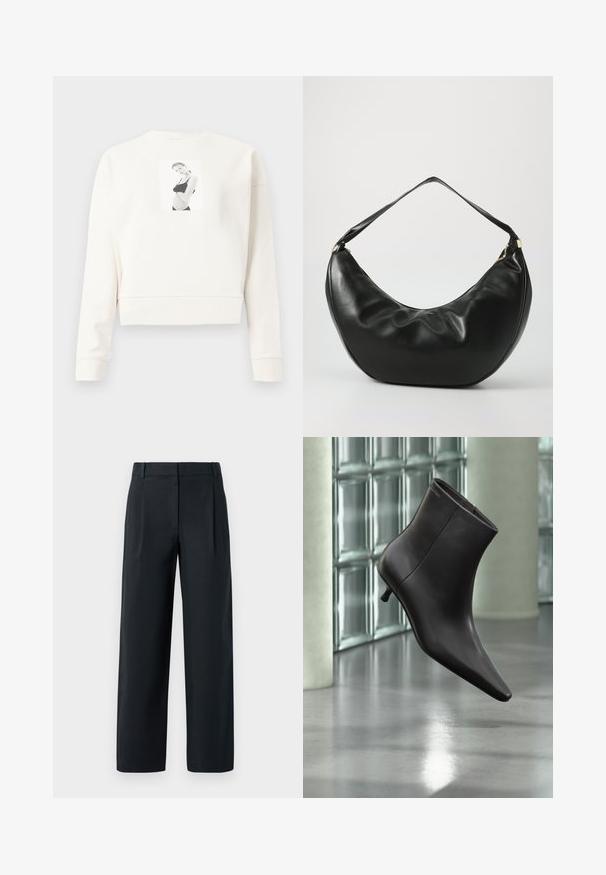 Sweatshirt court à manches longues blanc avec une photo imprimée en noir et blanc d'une femme en sous-vêtements noirs au centre avant.; Pantalon noir ajusté avec une coupe droite, présentant des plis avant, une texture lisse et des passants de ceinture. Pas de poches visibles.; Bottine en cuir noir avec bout pointu et petit talon, présentée devant un mur en blocs de verre et un sol poli.; Sac à épaule en cuir noir, de forme courbée, avec une texture douce et une seule sangle; il comporte une fermeture éclair dorée et un logo discret.