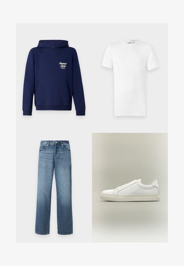 Mørkeblå hoodie med en frontkangaroo lomme, ribbede ærmer og et logo på brystet. Lavet af blødt stof med en glat tekstur.; Hvid, kortærmet T-shirt med rund hals og et lille brandlabel inde i kraven, vist på en hvid baggrund.; Blå denimjeans med lige ben, med en falmet vask, bælteløkker, fem lommer og en klassisk knaplukning.; Hvid lavtop sneaker med snørebånd foran og tyk sål, vist fra siden mod en neutral baggrund.