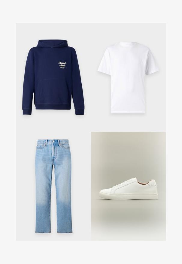 Mørkeblå hoodie med en frontkangaroo lomme, ribbede ærmer og et logo på brystet. Lavet af blødt stof med en glat tekstur.; Hvid kortærmet t-shirt lavet af bomuld med rund hals, der har en glat tekstur og et simpelt design uden mønstre eller accenter.; Lys blå denim jeans med lige ben-design, der har en falmet vask, standard fem-lomme styling og en klassisk knaplukning.; Hvid lavt snøresko med snørelukning og flad sål, vist fra siden på en neutral baggrund.