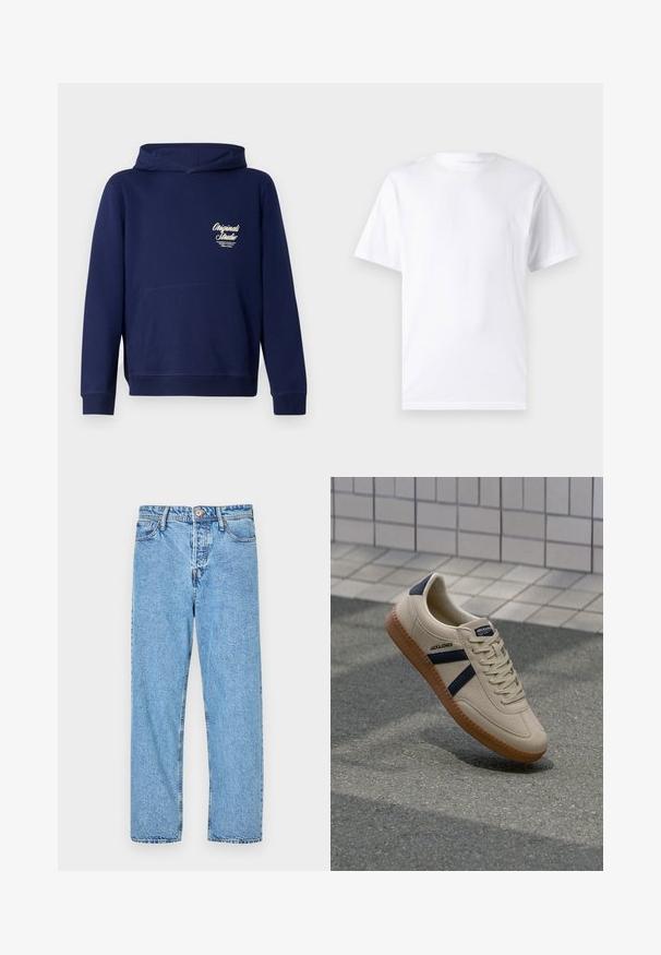 Un sweat à capuche bleu marine avec une poche kangourou à l'avant, des poignets côtelés et un logo sur la poitrine. Fabriqué en tissu doux avec une texture lisse.; T-shirt blanc à manches courtes en coton avec un col rond, présentant une texture lisse et un design simple, sans motifs ni accents.; Jean en denim bleu clair avec une coupe droite, style cinq poches, couture visible et fermeture à bouton et zip.; Baskets beiges avec une finition texturée, bandes navy et semelle en caoutchouc. Équipées d'une languette rembourrée et d'un système de laçage traditionnel pour un maintien sécurisé.