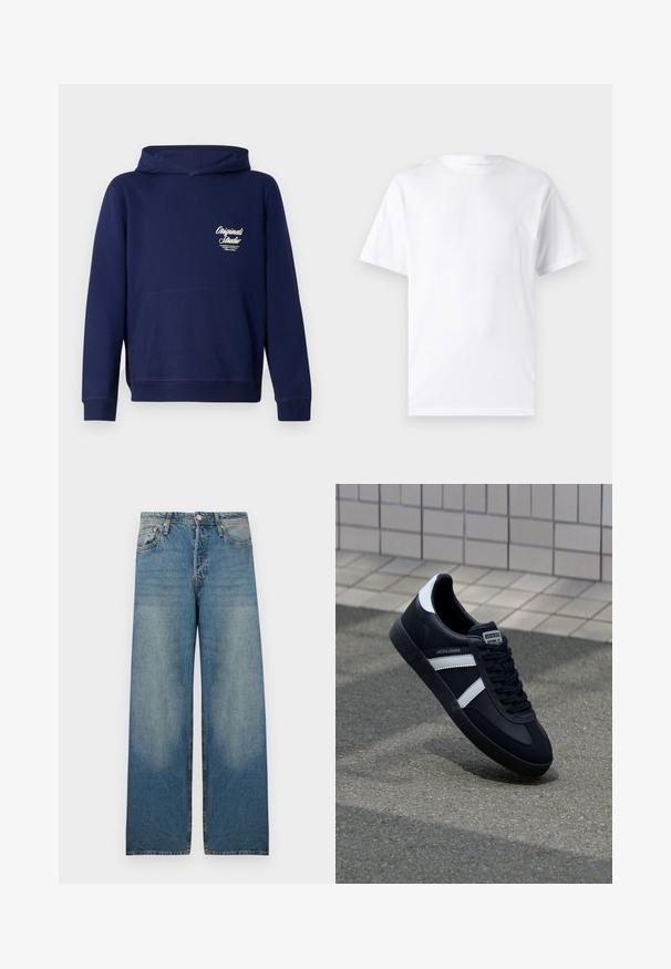 Mørkeblå hoodie med en frontkangaroo lomme, ribbede ærmer og et logo på brystet. Lavet af blødt stof med en glat tekstur.; Hvid kortærmet t-shirt lavet af bomuld med rund hals, der har en glat tekstur og et simpelt design uden mønstre eller accenter.; Lyseblå bredbenede jeans i denimstof med høj talje, fem-lomme design og slidte områder for et vintage look.; Sort lædersneaker med hvide striber, tekstureret gummisål og snørrebånd foran. Har et brandet mærke på tungen.