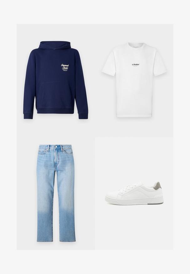 Mørkeblå hoodie med en frontkangaroo lomme, ribbede ærmer og et logo på brystet. Lavet af blødt stof med en glat tekstur.; Hvid bomulds t-shirt med korte ærmer og rund halsudskæring. Har en lille sort "JJ Studios"-logo på brystet.; Lys blå denim jeans med lige ben-design, der har en falmet vask, standard fem-lomme styling og en klassisk knaplukning.; Hvid sneaker lavet af glat læder, rund tå, minimalistisk design, grå hælafsats og tekstureret gummisål.