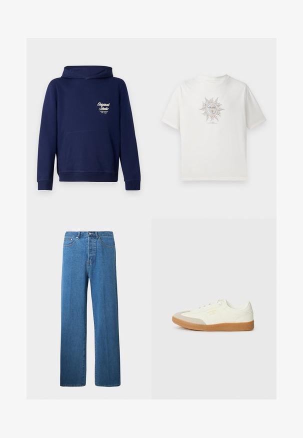 Mørkeblå hoodie med en frontkangaroo lomme, ribbede ærmer og et logo på brystet. Lavet af blødt stof med en glat tekstur.; Hvid bomulds t-shirt med korte ærmer og rund halsudskæring. Har et centralt grafisk motiv af en sol med ansigt og dekorative stråler.; Lysblå denimjeans med lige ben. Har fem lommer, knaplukning og minimale syninger.; Sneaker lavet af hvid læder med en beige tåhætte og let brunt gummisål. Har flade hvide snørebånd og prægede branding på siden.