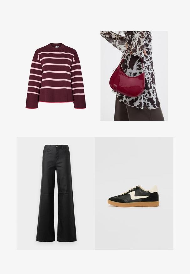 Maroonsweater med horisontale lyserøde striber. Rund halsudskæring, ribbede manchetter og kant. Har et cropped design med lyserøde detaljer.; Sorte brede jeans lavet af glat denim, med knaplukning, forlommer og højtaljede design.; Sorte ruskinds- og lædersneakers med en cremefarvet side-swoosh og lys cremefarvet hæl. Har beige snørebånd og en gummirubber-sål.; Kvinde iført en sort- og hvidmønstret bluse, der holder en blank rød skuldertaske mod en ensfarvet baggrund.
