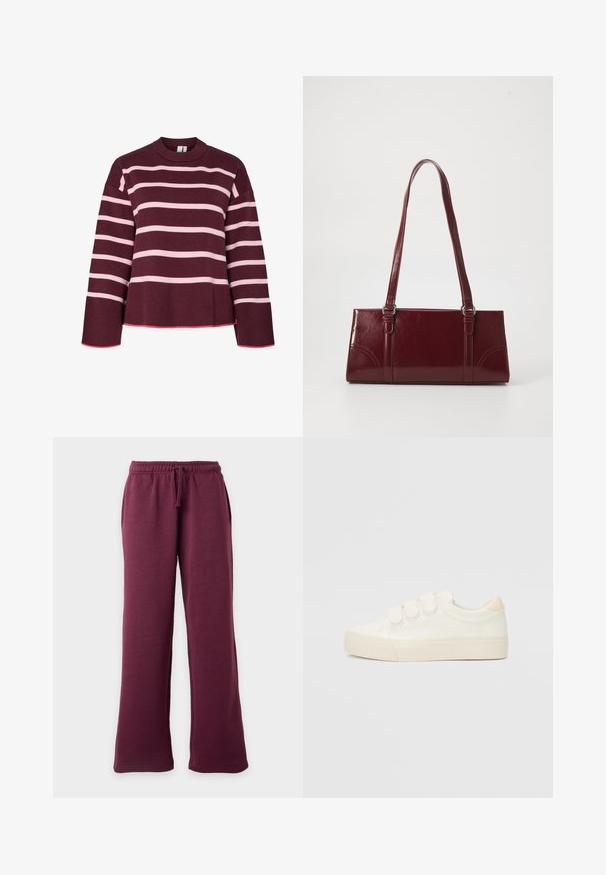 Maroonsweater med horisontale lyserøde striber. Rund halsudskæring, ribbede manchetter og kant. Har et cropped design med lyserøde detaljer.; Vinrøde sweatpants med vide ben, elastisk linning og snor, forlommer, vist mod en ensfarvet lys baggrund.; Hvide sneakers med en glat læderlignende overdel, tre velcrostropper, rund tå og en tekstureret gummisål. Bagakcent i beige.; Bordeaux håndtaske lavet af glansfuldt materiale, rektangulær form, med to skulderremme og subtile buede detaljer på forsiden.