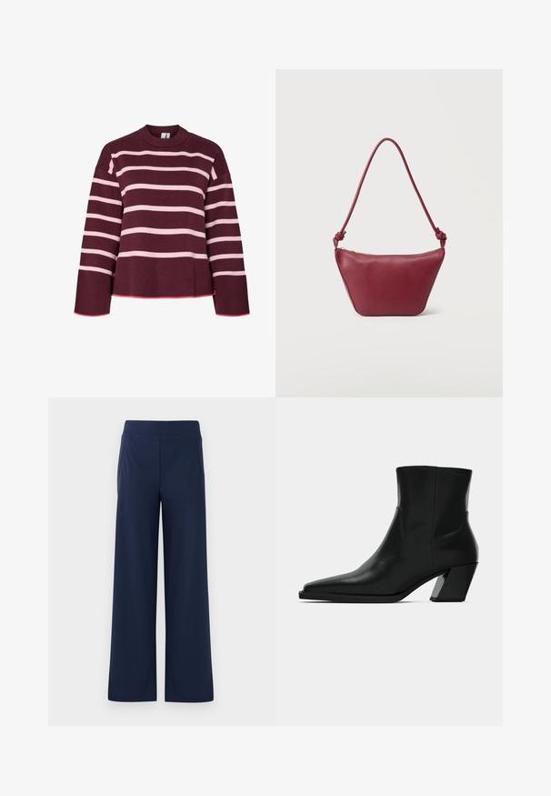 Maroonsweater med horisontale lyserøde striber. Rund halsudskæring, ribbede manchetter og kant. Har et cropped design med lyserøde detaljer.; Marineblå brede bukser med elastisk talje, glat tekstur og to sidelommer, designet til komfort og bevægelsesfrihed.; Sortlæder ankelstøvle med spids tå, en slank silhuet og en kraftig firkantet hæl. Glat tekstur med minimale stikninger.; Lille skuldertaske i bordeaux læder med knyttet rem og lynlåslukning øverst mod en ensartet lys baggrund.