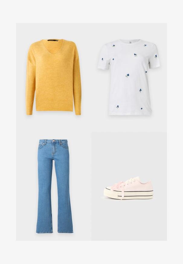 Suéter amarillo de punto acanalado con escote en V y mangas largas. Textura suave, corte ligeramente holgado y un diseño casual.; Camiseta blanca de manga corta con pequeño bordado disperso de flores azules y tallos verdes, cuello redondo, fondo liso.; Vaqueros de mezclilla azul claro con cintura alta, cierre de botón y cremallera, bolsillos delanteros y traseros, y piernas ligeramente acampanadas.; Zapatilla de plataforma baja en rosa pastel con suela blanca, rayas negras y cordones anchos de satén sobre un fondo liso gris claro.