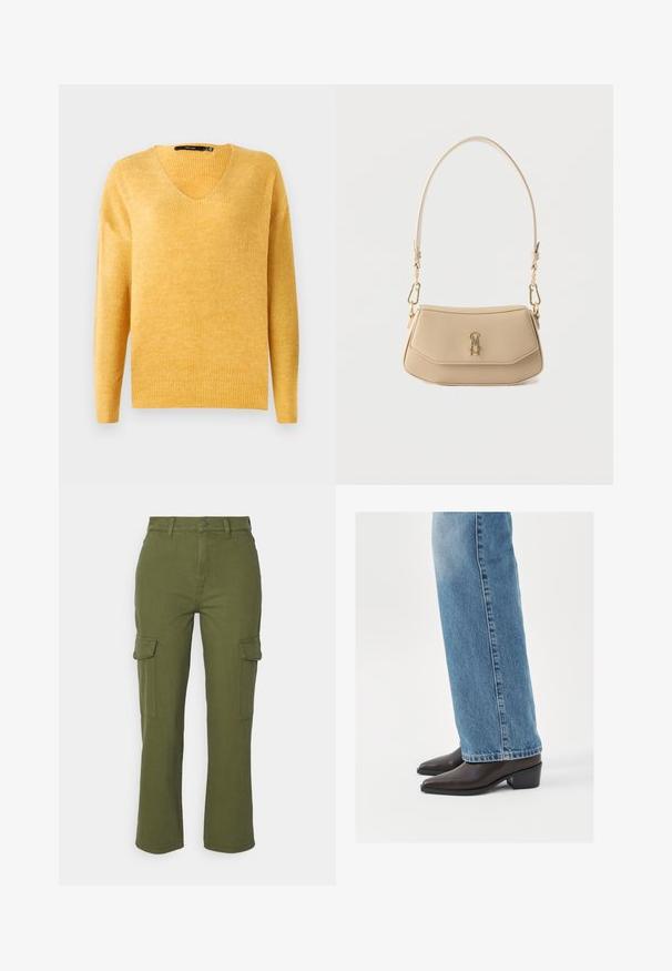 Suéter amarillo de punto acanalado con escote en V y mangas largas. Textura suave, corte ligeramente holgado y un diseño casual.; Pantalones cargo verde oliva con diseño de pierna recta, cremallera frontal y dos bolsillos laterales. Hechos de una tela duradera y texturizada.; Botas de cuero marrón hasta el tobillo con punta afilada y tacón cuadrado, combinadas con jeans rectos de color azul claro, mostrando un diseño limpio y simple.; Bolso de mano de cuero beige texturizado con una correa corta y cierre de metal dorado que presenta un logo estilizado en la solapa frontal.