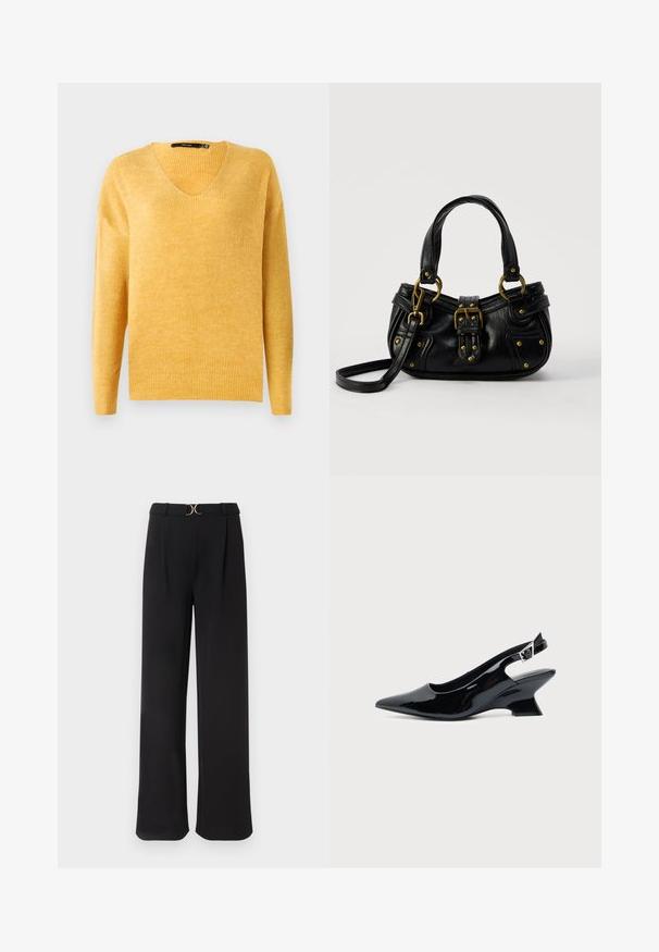 Suéter amarillo de punto acanalado con escote en V y mangas largas. Textura suave, corte ligeramente holgado y un diseño casual.; Pantalones de pierna ancha negros, hechos de una tela suave, con cintura alta y un adorno en tono dorado en el cinturón. No se ven bolsillos.; Zapato slingback de cuero charol negro con puntera puntiaguda y tacón bajo en bloque inclinado sobre fondo claro liso.; Bolso de cuero negro con hebilla y detalles de remaches dorados, asas cortas y una correa de hombro ajustable sobre un fondo blanco liso.