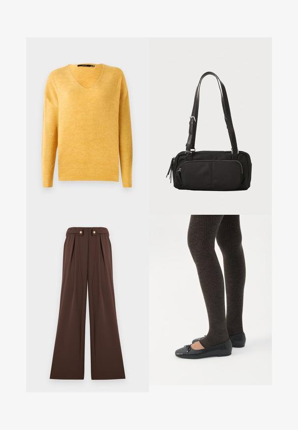 Suéter amarillo de punto acanalado con escote en V y mangas largas. Textura suave, corte ligeramente holgado y un diseño casual.; Pantalones de pierna ancha en color marrón con cintura alta, con pliegues y dos botones dorados en el frente como detalle adicional.; Piernas con leggings oscuros acanalados combinados con bailarinas negras que presentan pequeños detalles de lazo sobre un fondo blanco.; Bolsa negra de nailon con forma estructurada. Presenta correas de cuero ajustables, bolsillo frontal con cremallera y sutiles acentos texturizados.