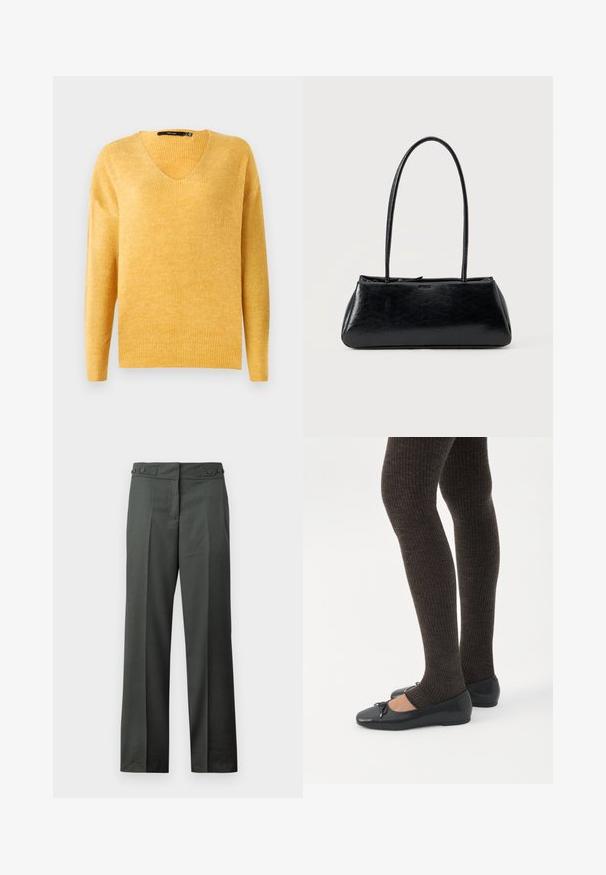 Suéter amarillo de punto acanalado con escote en V y mangas largas. Textura suave, corte ligeramente holgado y un diseño casual.; Pantalones rectos de color gris oscuro con pliegues delanteros y cintura ajustable con botones laterales sobre un fondo blanco.; Piernas con leggings oscuros acanalados combinados con bailarinas negras que presentan pequeños detalles de lazo sobre un fondo blanco.; Bolso de hombro rectangular negro con correas largas y delgadas y una textura lisa y brillante sobre un fondo liso.