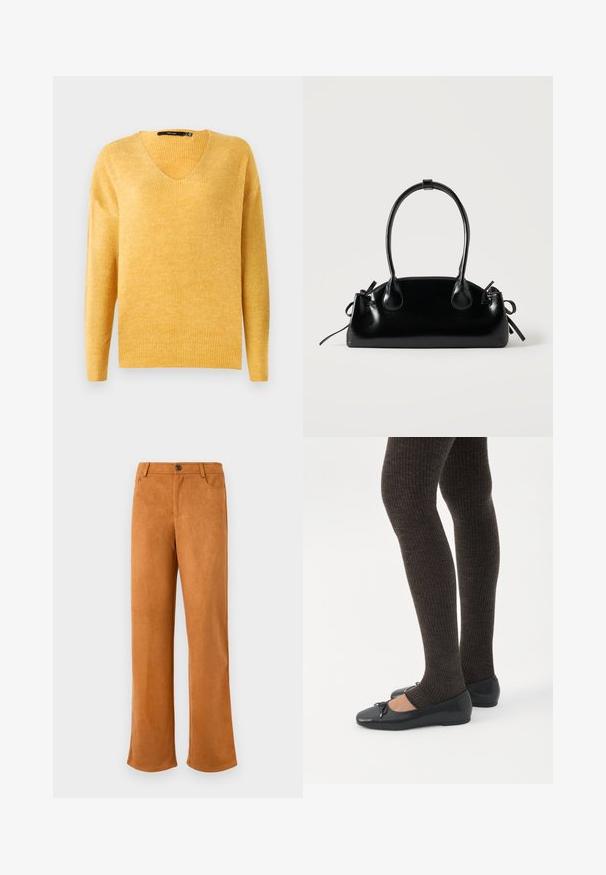 Suéter amarillo de punto acanalado con escote en V y mangas largas. Textura suave, corte ligeramente holgado y un diseño casual.; Pantalones de ante marrón con un corte recto, que cuentan con un cierre de cremallera, botón y bolsillos frontales estándar. Textura suave y color sólido.; Piernas con leggings oscuros acanalados combinados con bailarinas negras que presentan pequeños detalles de lazo sobre un fondo blanco.; Pequeño bolso negro brillante con dos asas largas y detalles de cordón lateral sobre un fondo claro liso.