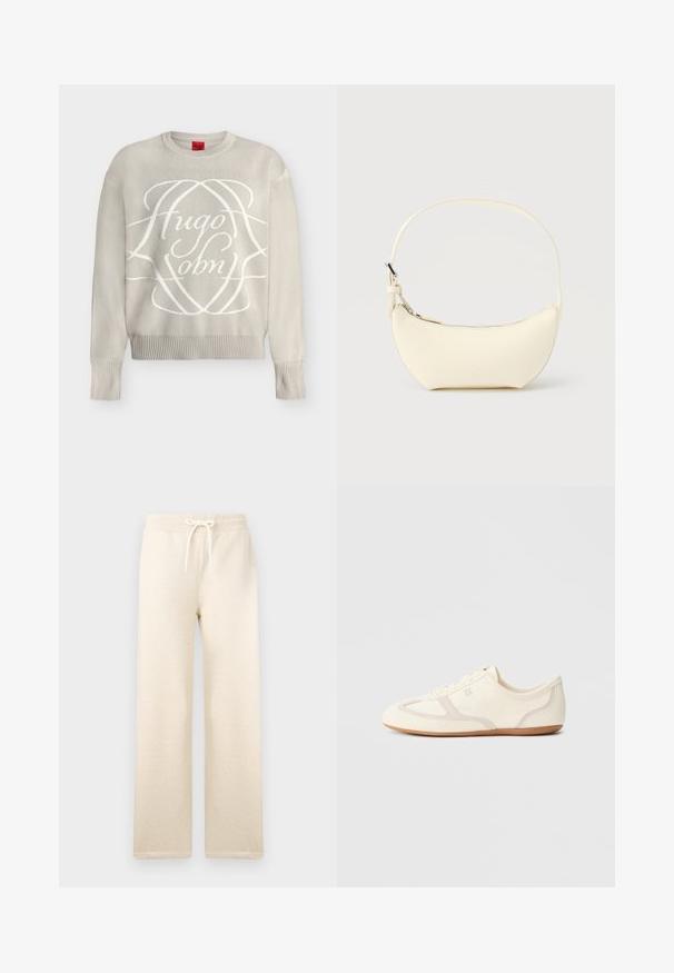 Pull en maille beige clair à manches longues avec poignets et ourlet côtelés, avec un grand logo décoratif en écriture blanche "Hugo John" sur le devant.; Pantalons de survêtement de couleur crème en tissu doux, dotés d'une taille élastique avec un cordon de serrage, jambes larges et sans motifs visibles.; Baskets couleur crème avec une tige en daim et tissu, un bout arrondi, et une semelle en caoutchouc avec un détail accent beige. Fermeture à lacets.; Petit sac à main en cuir crème en forme de croissant avec une seule bandoulière et une fermeture éclair supérieure sur un fond uni.