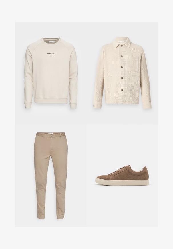Sweatshirt de couleur crème avec des manches raglan, des poignets côtelés et un ourlet côtelé. Présente un logo en texte noir à l'avant. Tissu doux et texturé.; Veste boutonnée texturée beige à manches longues, avec col, poche poitrine sur le côté droit et boutons foncés sur le devant et les poignets.; Chino en coton beige avec une coupe droite, dotés d'une fermeture à bouton, de passants de ceinture et de poches latérales. Texture lisse sans motifs.; Baskets décontractées en daim marron avec une silhouette basse, semelle en caoutchouc beige et six trous de lacet. Bout rond et design minimaliste.