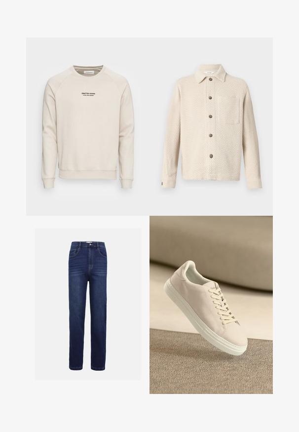 Sweatshirt de couleur crème avec des manches raglan, des poignets côtelés et un ourlet côtelé. Présente un logo en texte noir à l'avant. Tissu doux et texturé.; Veste boutonnée texturée beige à manches longues, avec col, poche poitrine sur le côté droit et boutons foncés sur le devant et les poignets.; Jean en denim bleu foncé, avec un design à jambe droite, cinq poches, une fermeture à bouton et de subtils détails de couture horizontale.; Baskets en suède beige avec semelle et lacets blancs, présentées en suspension au-dessus d'un tapis beige texturé sur fond beige doux.