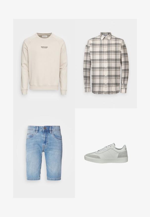 Cremefarvet sweatshirt med raglanærmer, ribbede manchetter og kant. Har et sort tekstlogo på fronten. Blødt, tekstureret stof.; Langærmet skjorte med knapper i beige med et sort og brunt ternet mønster. Har en klassisk krave og hvide knapper. Blødt stof.; Lyseblå denimshorts med fem-lomme-design, lynlåslukning og stikninger. Hårede ophæmninger; let bleget materiale.; Hvid lavtop sneaker med grå ruskind på tå og hæl, hvide snørebånd og tyk hvid sål, set fra siden.