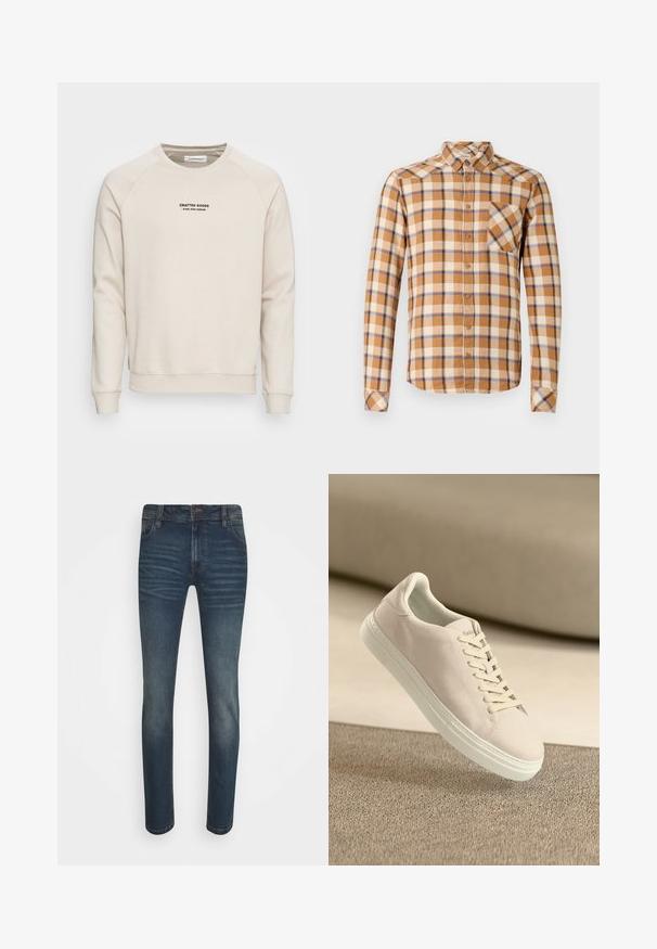Crème-kleurige sweatshirt met raglanmouwen, ribgebreide manchetten en zoom. Bevat een zwart tekstlogo aan de voorkant. Zacht, geweven stof.; Geverfde overhemd in bruin, crème en blauw, met een button-down kraag, lange mouwen en een borstzak met een diagonale snit.; Donkerblauwe denim jeans met een slim fit, met een klassieke vijf-pocketontwerp, vervaagde gebieden en subtiele textuurlijnen aan de voorkant.; Beige suède sneaker met een witte zool en veters, zwevend boven een gestructureerd beige tapijt tegen een zachte beige achtergrond.
