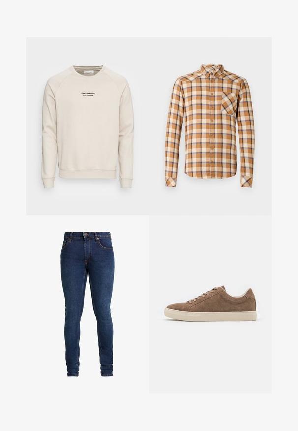 Sweatshirt de couleur crème avec des manches raglan, des poignets côtelés et un ourlet côtelé. Présente un logo en texte noir à l'avant. Tissu doux et texturé.; Chemise à carreaux marron, crème et bleu, dotée d'un col button-down, de manches longues et d'une poche poitrine avec une coupe diagonale.; Jean en denim bleu foncé à coupe slim, avec cinq poches et des coutures orange contrastantes. Présente une fermeture à bouton et des passants de ceinture.; Baskets décontractées en daim marron avec une silhouette basse, semelle en caoutchouc beige et six trous de lacet. Bout rond et design minimaliste.