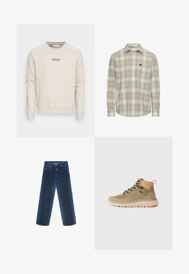 Cremefarvet sweatshirt med raglanærmer, ribbede manchetter og kant. Har et sort tekstlogo på fronten. Blødt, tekstureret stof.; Beige ternet skjorte med lange ærmer, knappet krave og brystlomme. Har lysebrune og blå linjer, lavet af blødt stof.; Blå denimjeans med lige ben-design, som har forlommer, en knaplukning og en diskret falmet struktur.; Lysebrune mid-top sneakers lavet af ruskind med en beige sål. Har sorte snørebånd, en brun læder hæl og et orange trækkabel.