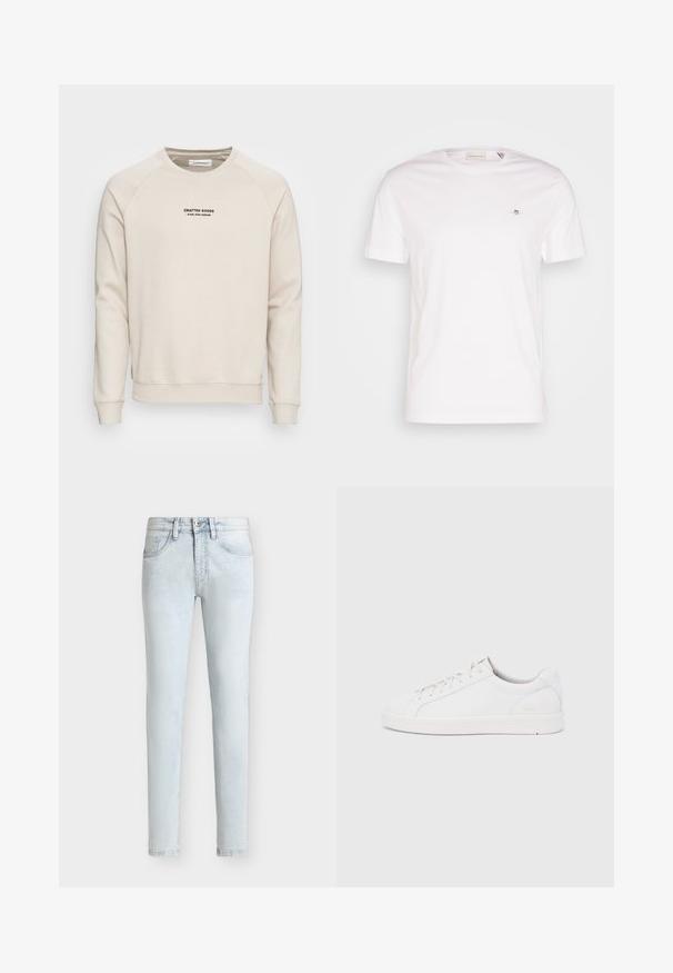Crème-kleurige sweatshirt met raglanmouwen, ribgebreide manchetten en zoom. Bevat een zwart tekstlogo aan de voorkant. Zacht, geweven stof.; Witte katoenen T-shirt met een ronde hals, korte mouwen en een klein geborduurd logo op de borst. Zachte structuur, eenvoudig ontwerp.; Lichtgewassen slim-fit spijkerbroek met knoop- en ritssluiting aan de voorkant, riemlussen en vijf zakken, tegen een effen achtergrond.; Witte lage sneaker met veters, een glad leren bovenwerk en een subtiel merkembleem aan de zijkant en hiel, weergegeven in zijaanzicht.