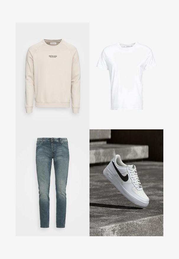 Crème-kleurige sweatshirt met raglanmouwen, ribgebreide manchetten en zoom. Bevat een zwart tekstlogo aan de voorkant. Zacht, geweven stof.; Witte katoenen t-shirt met een ronde hals en korte mouwen, in een klassiek model met een gladde textuur. Geen patronen of hardware zichtbaar.; Jack & Jones JJIGLENN JJFOX AGI - Slim fit jeans - blue denim; Witte Nike Air Force 1 sneaker met zwarte swoosh, veters gestrikt, zwevend in de lucht boven een gestructureerd betonnen oppervlak buiten.
