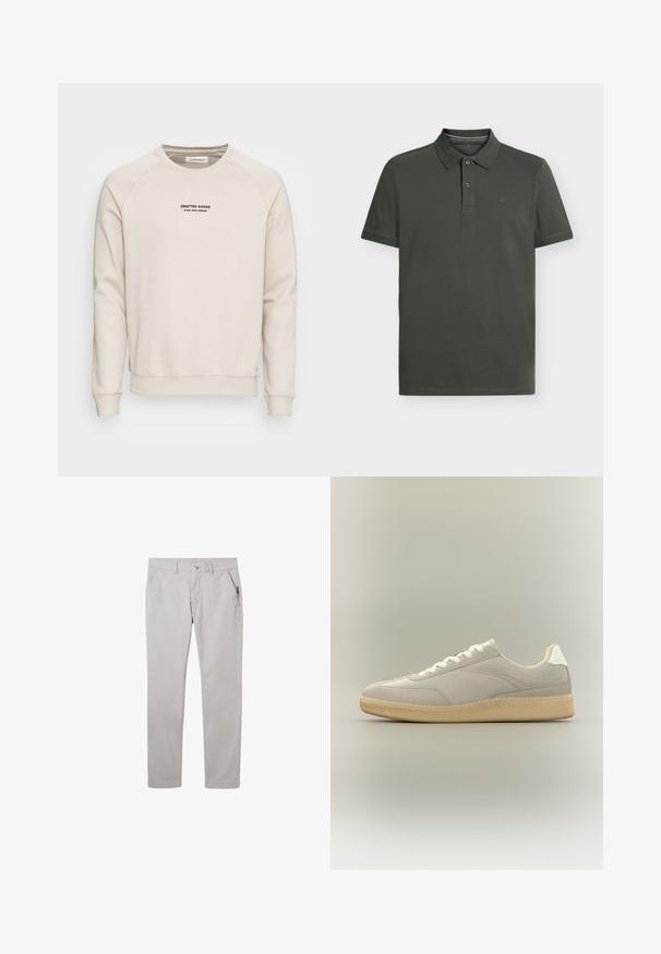 Cremefarvet sweatshirt med raglanærmer, ribbede manchetter og kant. Har et sort tekstlogo på fronten. Blødt, tekstureret stof.; Mørkegrøn kortærmet poloshirt med to-knaps lukning, klassisk krave og lille broderet logo på venstre bryst.; Lys grå bukser lavet af bomuld med lige ben-design, der har to forlommer og en knaplukning. Glat tekstur, ingen mønstre.; Beige lav sko med tekstureret stof, ruskind detaljer, hvide snørebånd, hvid hælkappe og lys brun gummisål på neutral baggrund.