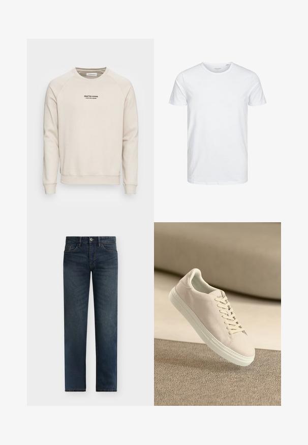 Sweatshirt de couleur crème avec des manches raglan, des poignets côtelés et un ourlet côtelé. Présente un logo en texte noir à l'avant. Tissu doux et texturé.; T-shirt à col rond à manches courtes de couleur blanche unie, fabriqué en coton doux, avec un design simple sans motifs ni accents visibles.; Jean droit en denim bleu foncé avec fermeture par bouton et zip, poches avant et arrière, présenté sur fond blanc.; Baskets en suède beige avec semelle et lacets blancs, présentées en suspension au-dessus d'un tapis beige texturé sur fond beige doux.