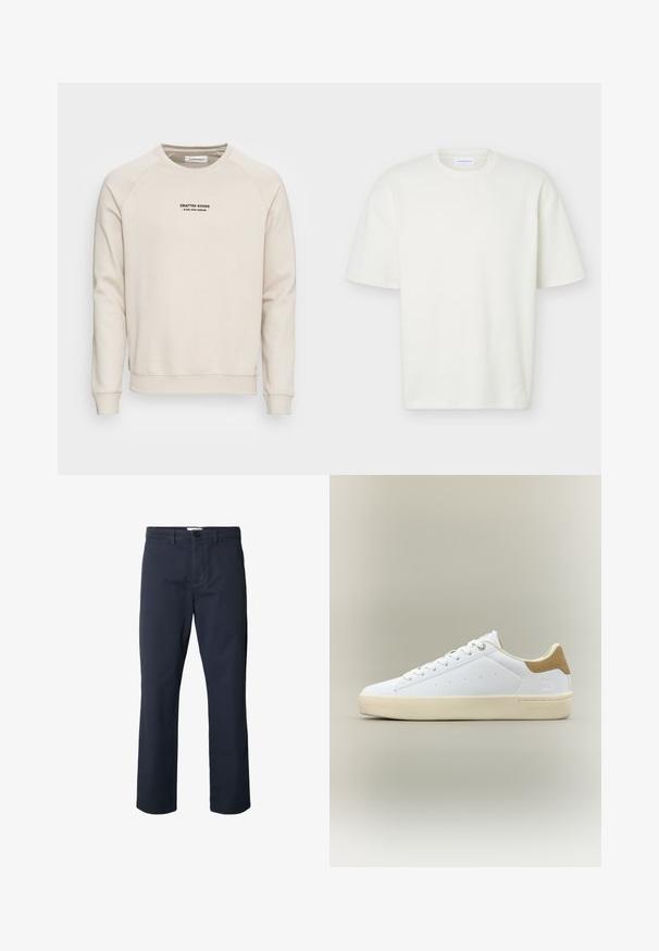 Crème-kleurige sweatshirt met raglanmouwen, ribgebreide manchetten en zoom. Bevat een zwart tekstlogo aan de voorkant. Zacht, geweven stof.; Witte textuur korte mouw T-shirt met ronde hals, reguliere pasvorm en een klein merklabel aan de binnenkant van de kraag.; Donkerblauwe rechte broek met riemlussen, een knoopsluiting aan de voorkant en een ritssluiting, weergegeven op een witte achtergrond.; Witte lage sneaker met beige zool en gevlochten leren hielstuk, vetersluiting en minimale perforatiedetails aan de zijkant.