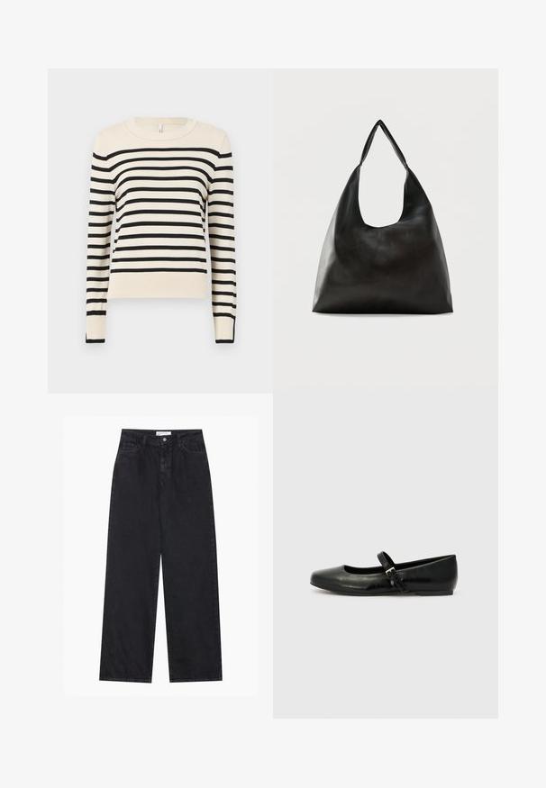 Pull créme avec des rayures noires horizontales, col rond, manches longues et finitions côtelées au niveau des poignets et de l'ourlet. Texture lisse, coupe décontractée.; Jeans en denim noirs taille haute à jambes larges avec fermeture à bouton et zip à l'avant, passants de ceinture et style à cinq poches.; Ballerines en cuir noir avec un bout arrondi, une semelle plate et une fine sangle ajustable sur le cou-de-pied avec une boucle en métal.; Sac bandoulière en cuir noir lisse avec une large sangle unique et un design décontracté et minimaliste sur un fond uni.