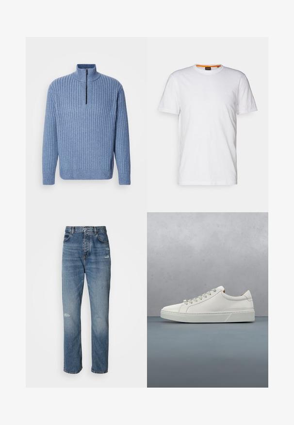 Suéter de punto acanalado en azul claro, con cuello alto y una cremallera parcial en el cuello; cuenta con mangas largas y un dobladillo recto.; Camiseta de algodón blanca con cuello redondo, mangas cortas y un sutil logo en relieve en el pecho. La etiqueta interior tiene un acento naranja.; Jeans de mezclilla de color azul claro con un diseño de pierna recta, que cuentan con un cierre de botón y cremallera, cinco bolsillos y detalles deshilachados cerca de la rodilla.; Zapatilla blanca de cuero con punta redondeada, diseño minimalista, cordones grises y suela de goma texturizada gris. Detalles de costura sutiles visibles.