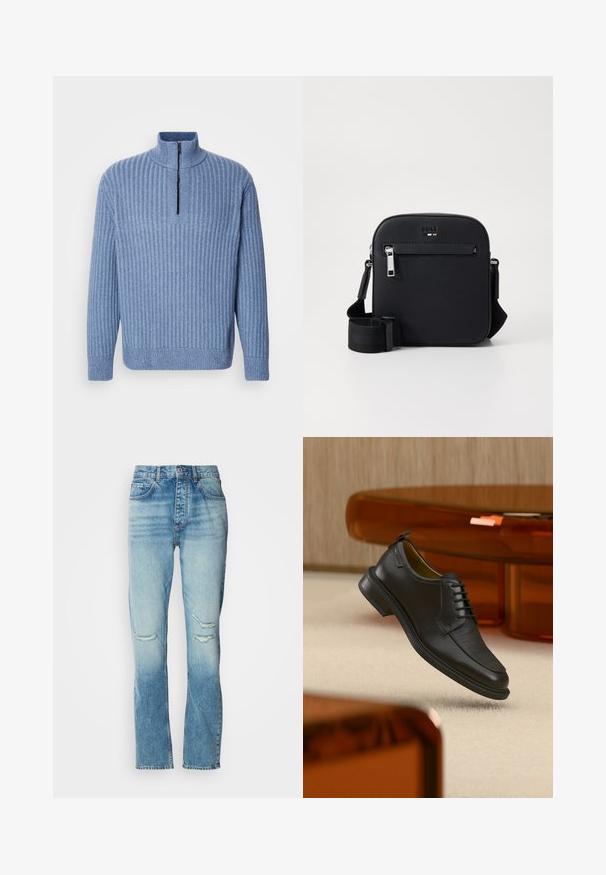 Hellblau gestrickter Pullover mit Rippenstruktur, Stehkragen und teilweisem Reißverschluss am Hals; verfügt über lange Ärmel und einen geraden Saum.; Damen Jeans in mittelhoher Taillenhöhe, blauer Farbton mit dezenter Waschung, zerstörte Stellen an beiden Knien, gerade Beinform und klassisches Fünf-Taschen-Design.; Schwarzer Leder-Schnürschuh mit texturierter Vorderseite, schwebend über beigem Teppich in einem modernen Raum mit bernsteinfarbenen Möbeln.; Schwarze Umhängetasche aus Leder mit glatter Textur, verfügt über eine vordere Reißverschlusstasche, verstellbaren Riemen und schlankes quadratisches Design.