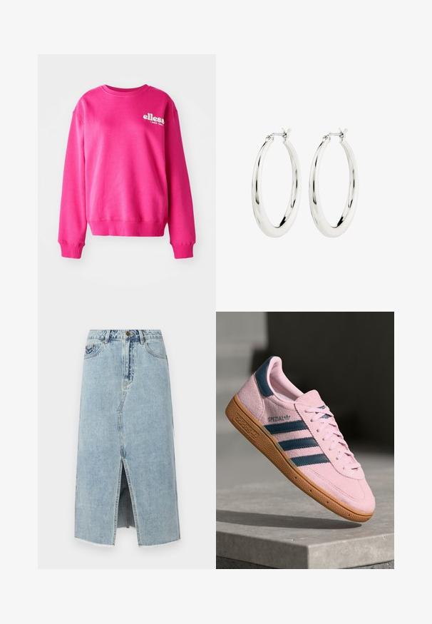 Lyserød sweatshirt lavet af blødt, tekstureret stof, med rund halsudskæring og lange ærmer. Den har et hvidt logo på forsiden.; Lysblå denimskørt med en frontslids, frynset kant, fem lommer og en knaplukning i taljen. Klassisk lige snit design.; Lyserød ruskindssneaker med marineblå tre striber, gummisål og lyserøde snørebånd. Har "SPEZIAL"-branding på siden.; Sølvøreringe i form af hoops med en glat, blank finish. Cirkulær form, der har en sikker lås. Simpelt og elegant design.