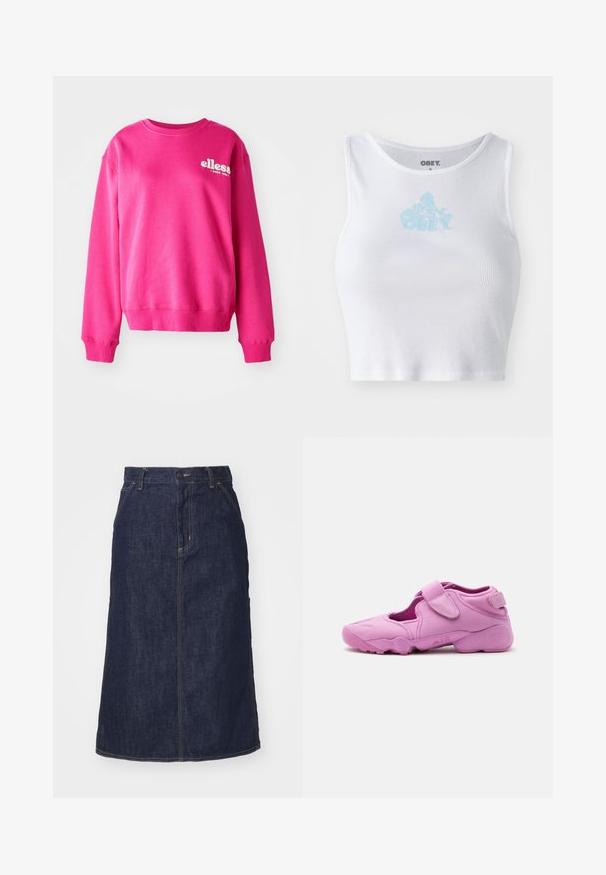 Ružová mikina vyrobená z mäkkého, textúrovaného materiálu, s okrúhlym výstrihom a dlhými rukávmi. Na prednej strane má biele logo.; Biely rebrovaný crop top s okrúhlym výstrihom a svetlomodrým logom "OBEY" umiestneným na hrudi. Hladká textúra a priliehavý strih.; Tmavé džínsové sukne s vysokým pásom, rovný strih, predné vrecká a prešitými švami. Obsahuje zips a gombík na uzatvorenie v páse.; Ružová športová obuv s výrezmi po stranách, nastaviteľným suchým zipsom na vrchu a hrubou podrážkou so značením "AIR" na boku.