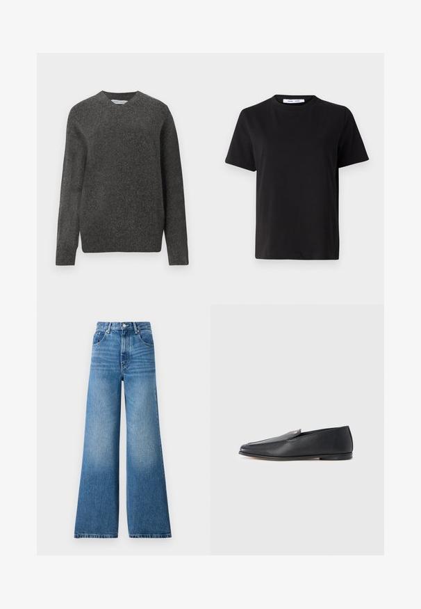 Pull gris en V fabriqué en un mélange de laine douce, avec des manches longues et une coupe décontractée. Design simple et minimal, sans motifs marquants.; T-shirt noir à manches courtes en coton doux, avec un col rond, une coupe décontractée et une texture lisse. Pas de motifs ni de graphiques visibles.; Jean en denim bleu taille haute avec une coupe large, présentant un léger délavage, un design classique à cinq poches et une fermeture à bouton en métal.; Mocassins en cuir noir à texture lisse, bout arrondi et détails de couture subtils. Ils présentent un accent logo doré sur le côté supérieur.