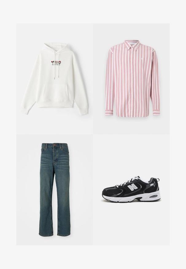 Sudadera blanca con bolsillo frontal, capucha con cordón y texto impreso que presenta una marca colorida en el pecho. Tejido suave, diseño casual.; Camisa de botones a rayas en rosa y blanco. Cuenta con cuello, mangas largas y un pequeño logo. Confeccionada con tela tejida.; Jeans de mezclilla azul con un diseño de pierna recta, que cuentan con cinco bolsillos, un cierre de botón y un ligero desgaste en la parte frontal.; Zapatillas deportivas en negro y gris con parte superior de malla y ante, que cuentan con una entresuela blanca, cordones y un llamativo logo "N" en el lateral.