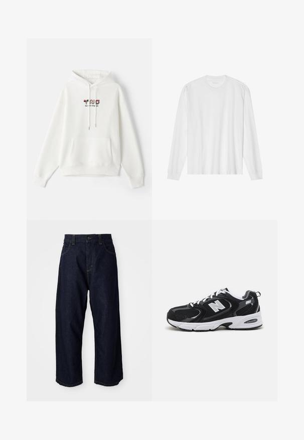 Sudadera blanca con bolsillo frontal, capucha con cordón y texto impreso que presenta una marca colorida en el pecho. Tejido suave, diseño casual.; Camiseta blanca de algodón de manga larga con cuello redondo, con puños acanalados y dobladillo recto, textura suave y diseño minimalista.; Pantalones de mezclilla azul oscuro con un corte relajado, que cuentan con una cremallera de botón, trabillas para cinturón y costuras y bolsillos con pespuntes amarillos.; Zapatillas deportivas en negro y gris con parte superior de malla y ante, que cuentan con una entresuela blanca, cordones y un llamativo logo "N" en el lateral.