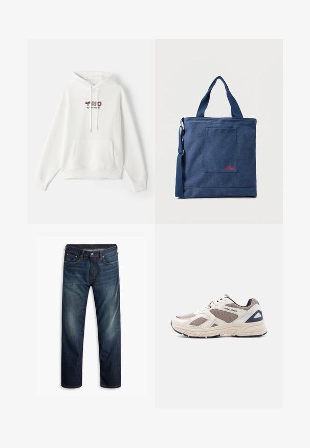 Sudadera blanca con bolsillo frontal, capucha con cordón y texto impreso que presenta una marca colorida en el pecho. Tejido suave, diseño casual.; Jeans de mezclilla azul oscuro con ligero desvanecimiento en los muslos, diseño de cinco bolsillos, cierre de botón y costuras naranjas visibles sobre un fondo blanco.; Zapatilla deportiva beige y topo de malla y material sintético, con cordones delanteros, suela acolchada y la marca "JACK & JONES" en el lateral.; Bolso tote de lona azul con bolsillo frontal y bordado rojo "O.N.S", con asas dobles y una correa ajustable para el hombro.