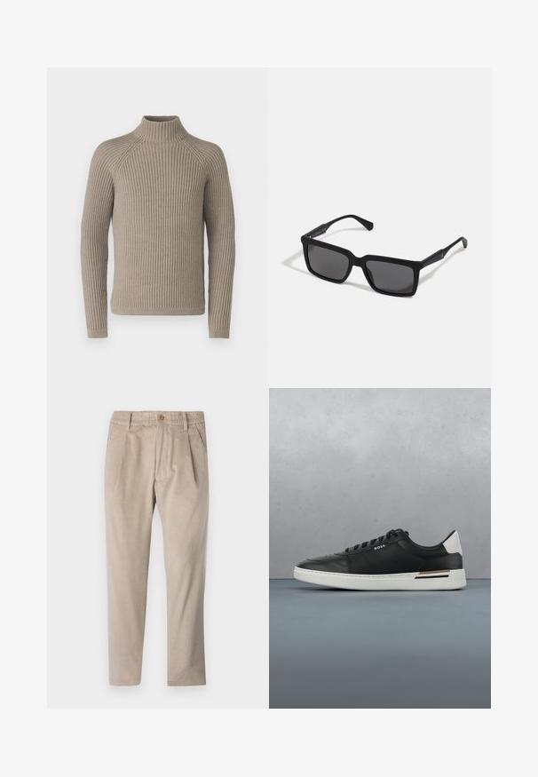Beige ribbet turtleneck sweater med lange ærmer, som har en tætsiddende silhuet og struktureret strikkemønster. Lavet af et blødt materiale.; Beige kordfløjspants med elastisk talje, knaplukning og plisseelementer, har et lige ben-design og struktureret stof.; Sort lædersneaker med hvid sål, har perforeringer, snørebåndsdesign, logo på siden og kontrasterende hældetalje i hvid og brun.; Sorte solbriller med rektangulære linser, mat finish, tykke stel og slanke arme med en subtil brandingdetalje.